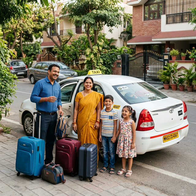 Happy family with luggage beside DropTaxi cab