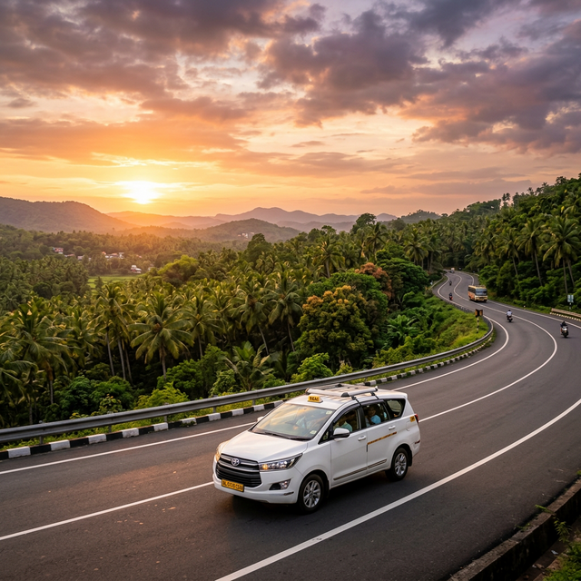 DropTaxi sedan driving on scenic South Indian highway at golden hour