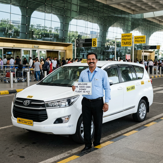 DropTaxi driver at airport arrivals with name board